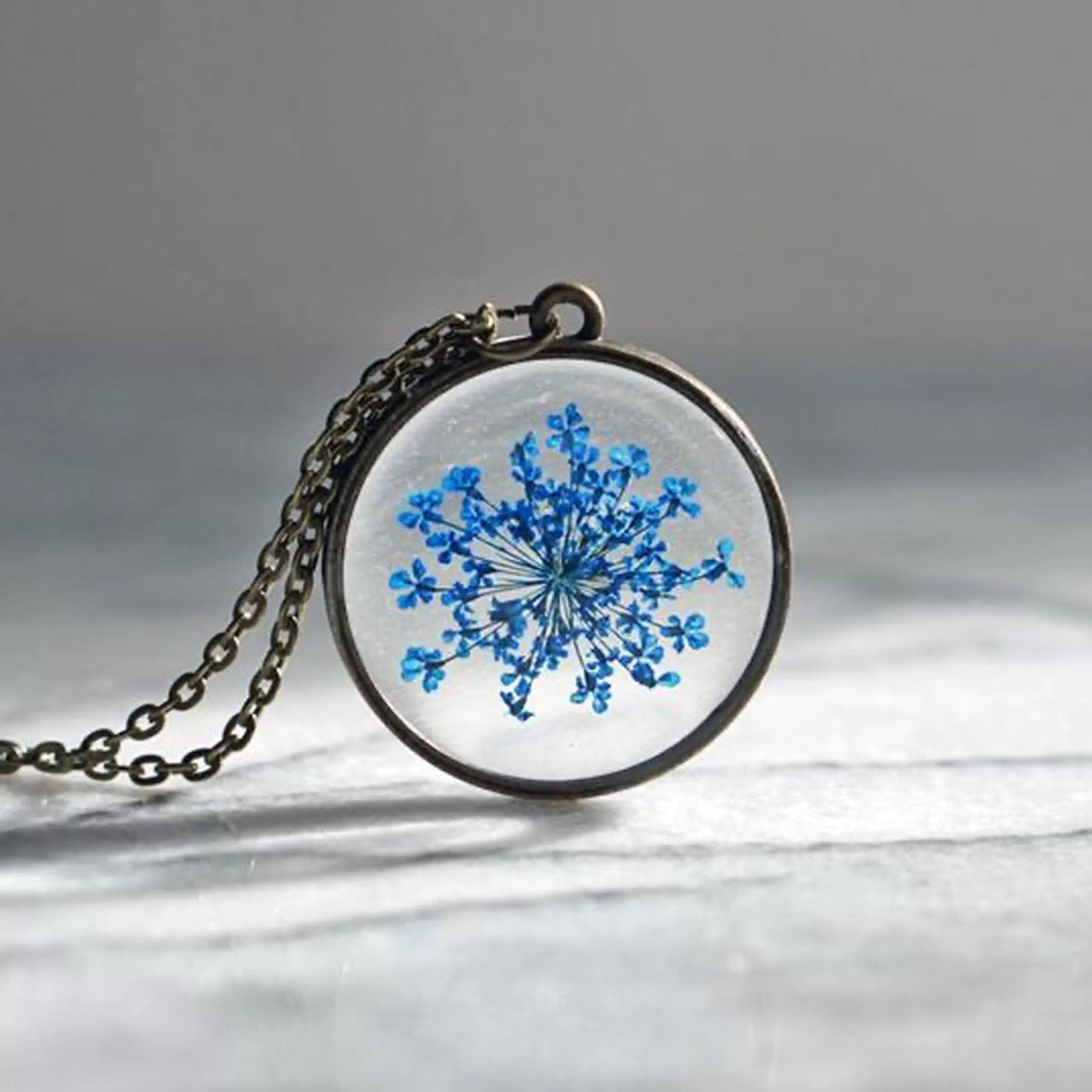 The Pretty Pickle Jewellery>Blue Queen Anne's Lace Necklace Antique Bronze