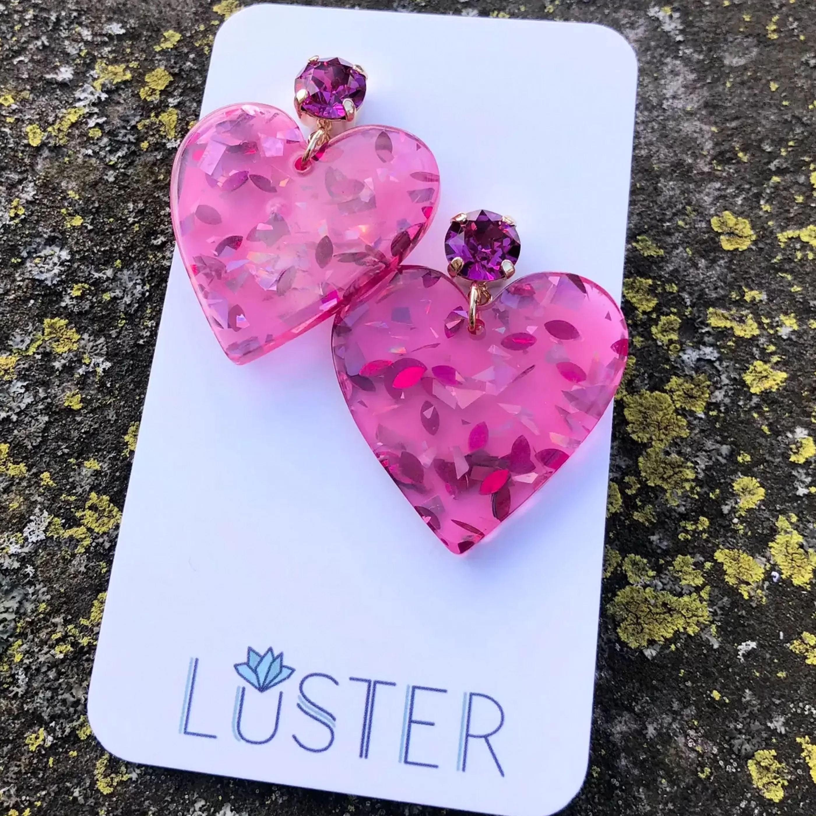 Luster Jewellery>Confetti Heart Love Earrings Pink