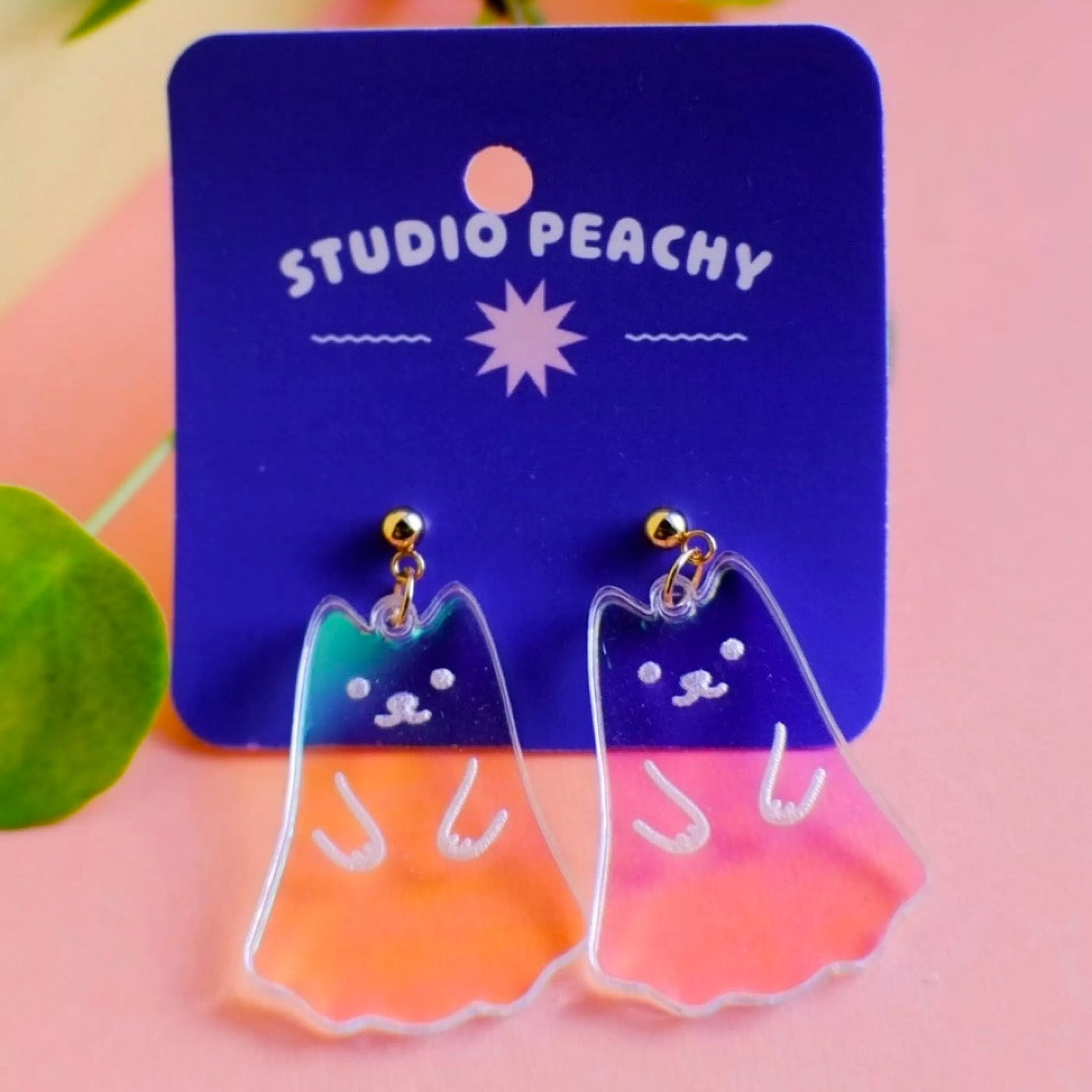 Studio Peachy Jewellery>Iridescent Ghost Cat Earrings