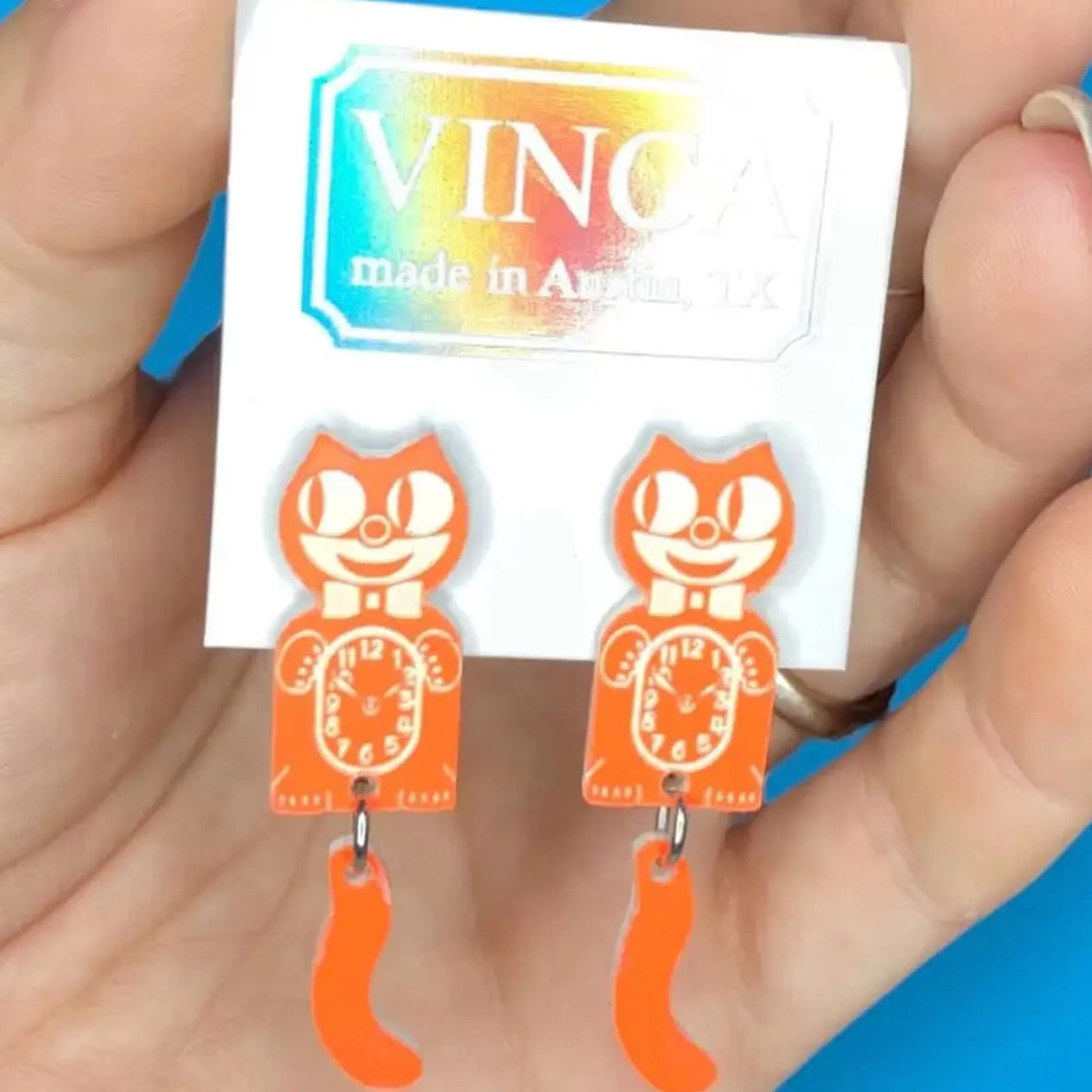 Vinca Jewellery>Orange Dreamsicle Kit-Cat Clock Earrings