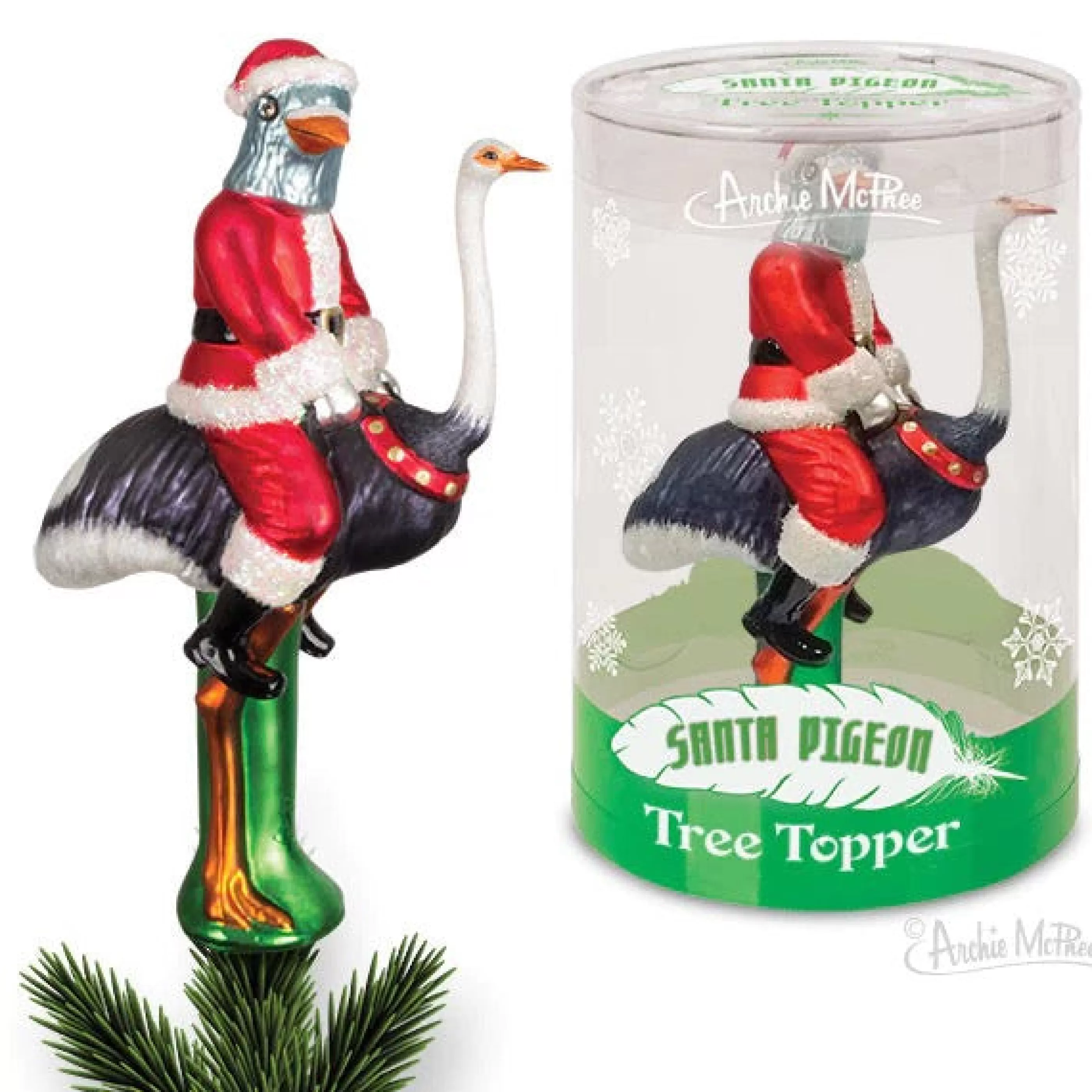 Archie McPhee Santa Pigeon Glass Tree Topper Best Sale