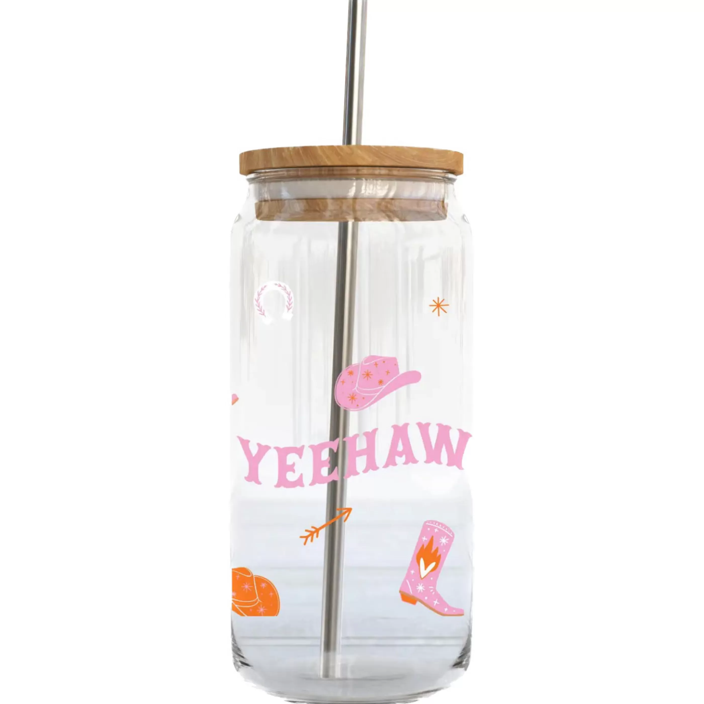 Fun Club Water Bottles & Travel Cups>Yeehaw Glass Cup With Bamboo Lid & Straw